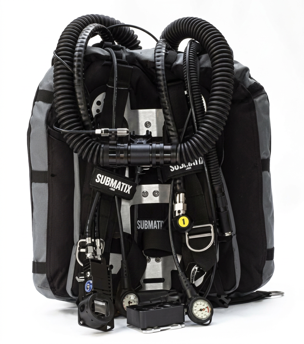 Recycleur Submatix Mini Quantum avec bouteilles diluant et oxygène vue de dos
